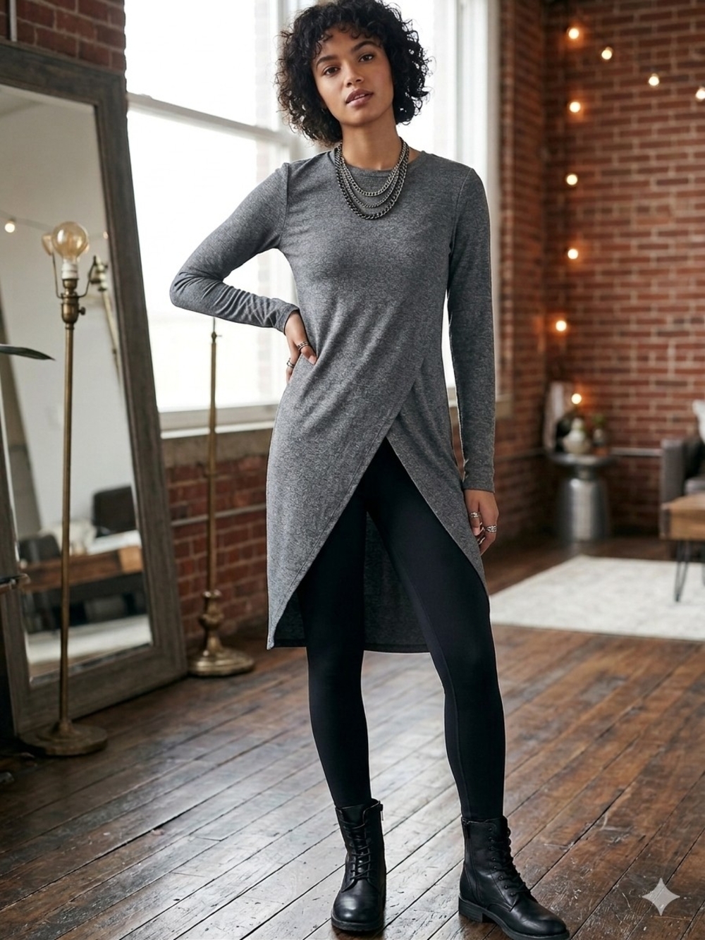 SHEIN Grey Asymmetrical Wrap Tunic With Thumb Holes